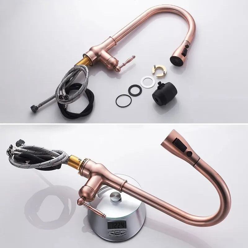 Torneira de guindaste extraível para pia de cozinha, torneira misturadora de água, quente e fria, bronze antigo, EL9021