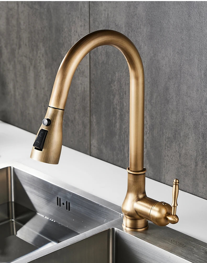 Torneira de guindaste extraível para pia de cozinha, torneira misturadora de água, quente e fria, bronze antigo, EL9021