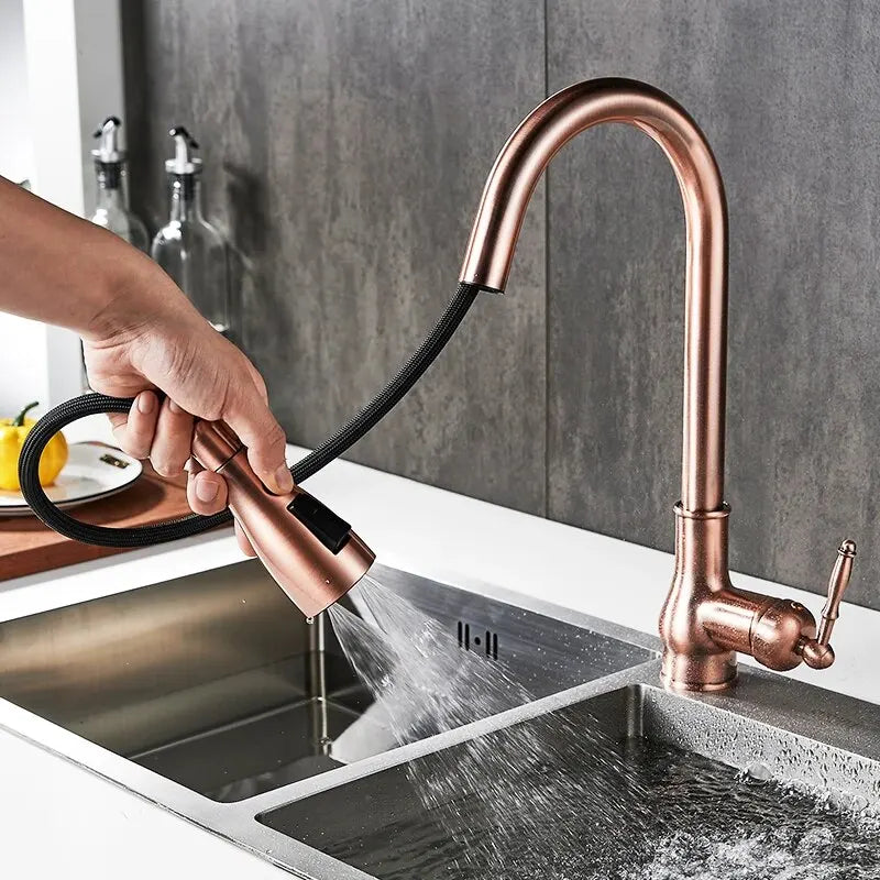 Torneira de guindaste extraível para pia de cozinha, torneira misturadora de água, quente e fria, bronze antigo, EL9021