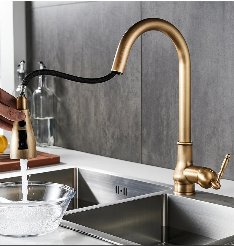 Torneira de guindaste extraível para pia de cozinha, torneira misturadora de água, quente e fria, bronze antigo, EL9021