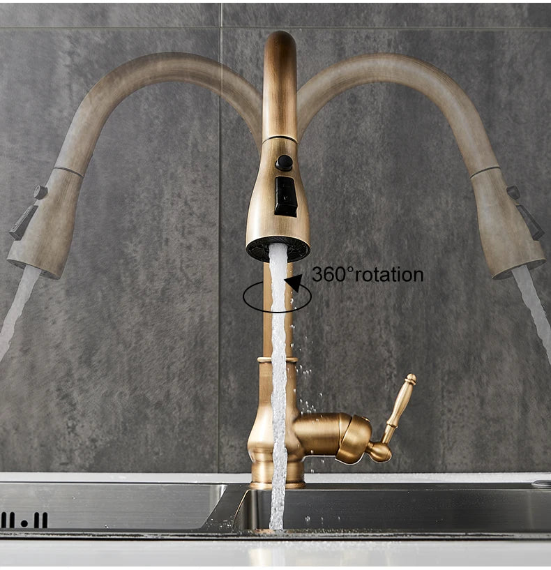Torneira de guindaste extraível para pia de cozinha, torneira misturadora de água, quente e fria, bronze antigo, EL9021