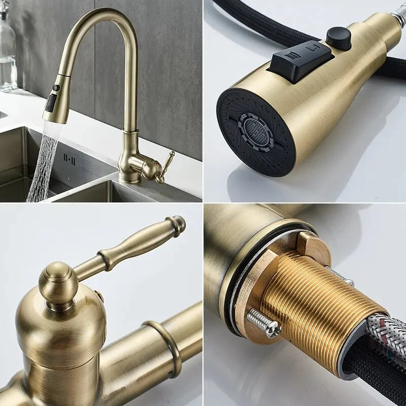 Torneira de guindaste extraível para pia de cozinha, torneira misturadora de água, quente e fria, bronze antigo, EL9021