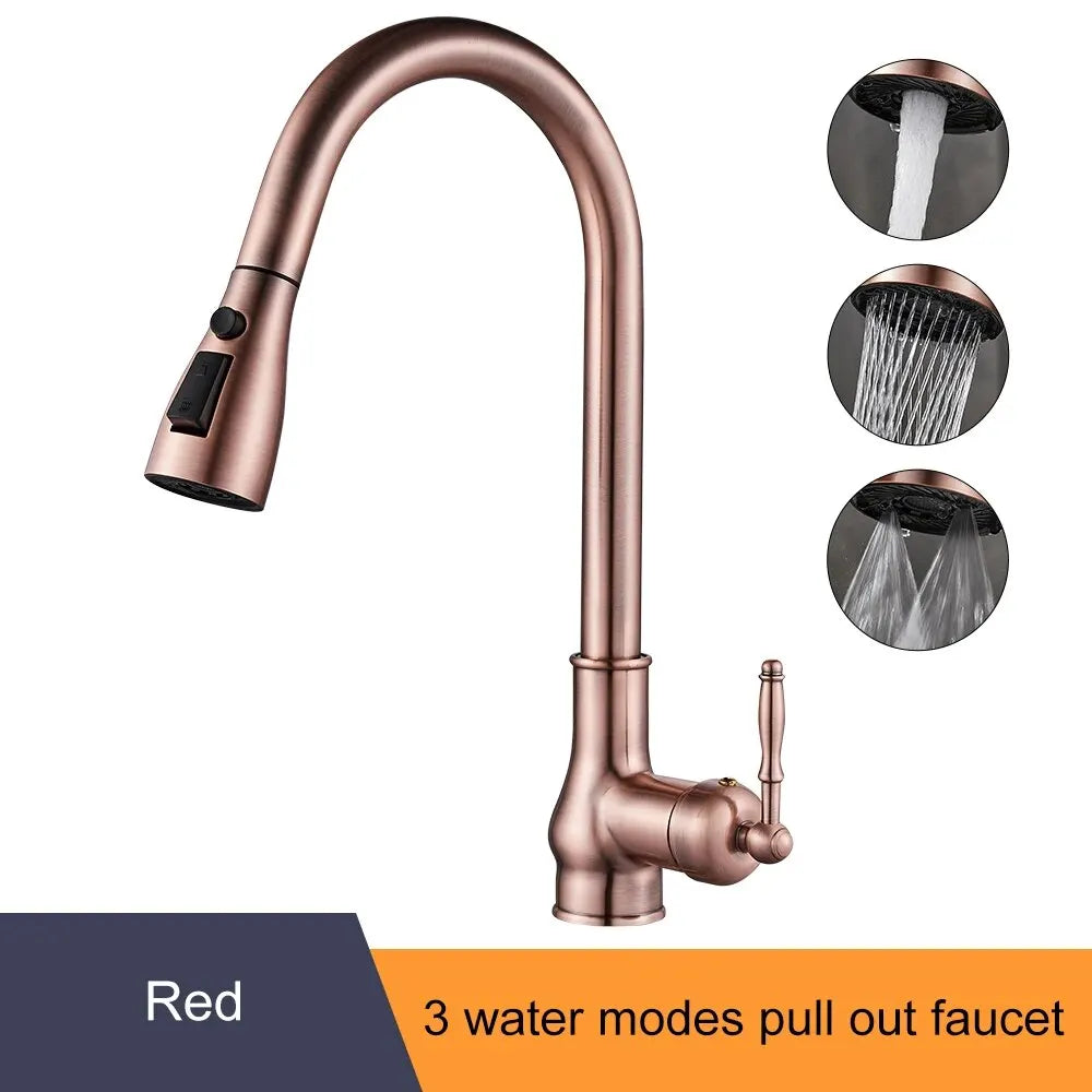 Torneira de guindaste extraível para pia de cozinha, torneira misturadora de água, quente e fria, bronze antigo, EL9021