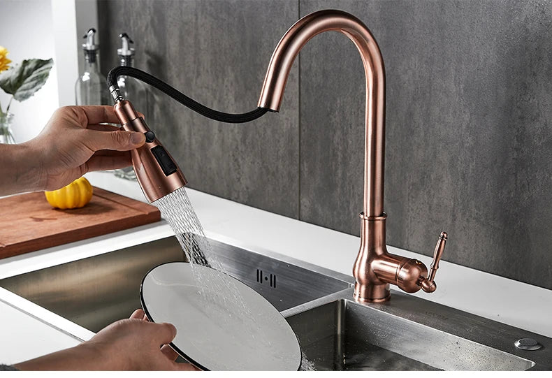 Torneira de guindaste extraível para pia de cozinha, torneira misturadora de água, quente e fria, bronze antigo, EL9021