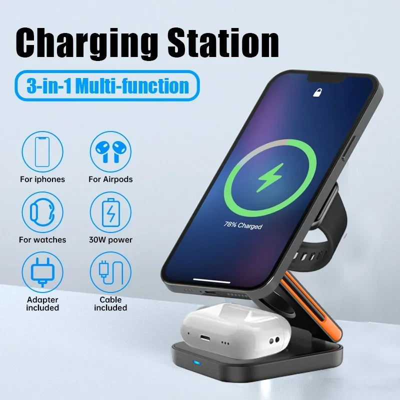 30W 3 em 1 Estação de carregamento dobrável Suporte de carregador sem fio magnético rápido para iPhone 15 14 13 12 Apple Watch 8 7 6 Airpods Pro