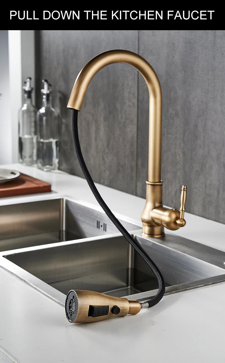 Torneira de guindaste extraível para pia de cozinha, torneira misturadora de água, quente e fria, bronze antigo, EL9021