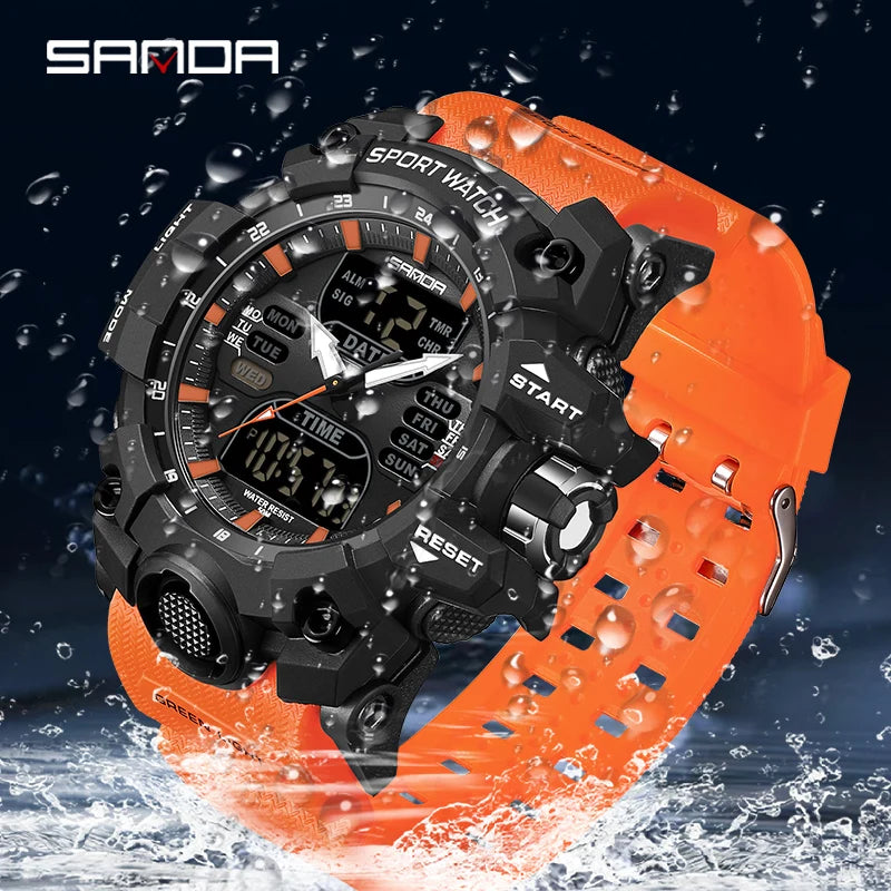 SANDA Luxo G Estilo Relógio Eletrônico Masculino Esportes Ao Ar Livre LED Analógico Cronógrafo Digital Militar Display Duplo 50M À Prova D 'Água