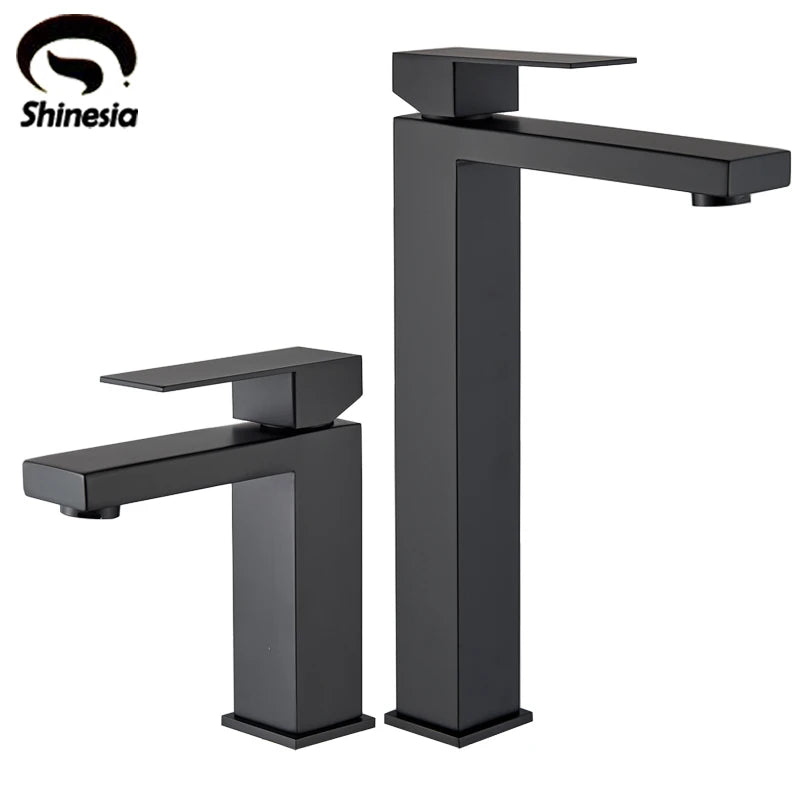 Shinesia torneiras de banheiro de aço inoxidável torneira da bacia alta e curta deck montado pia do banheiro torneira misturadora água quente e fria
