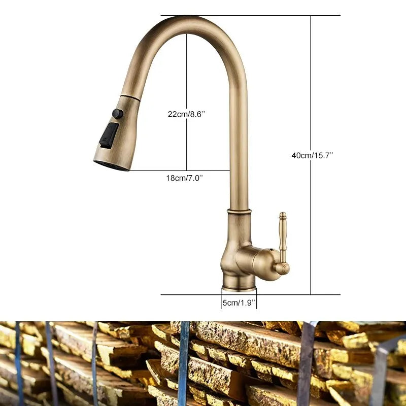 Torneira de guindaste extraível para pia de cozinha, torneira misturadora de água, quente e fria, bronze antigo, EL9021