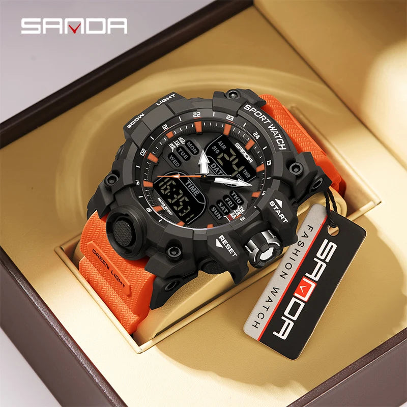 SANDA Luxo G Estilo Relógio Eletrônico Masculino Esportes Ao Ar Livre LED Analógico Cronógrafo Digital Militar Display Duplo 50M À Prova D 'Água