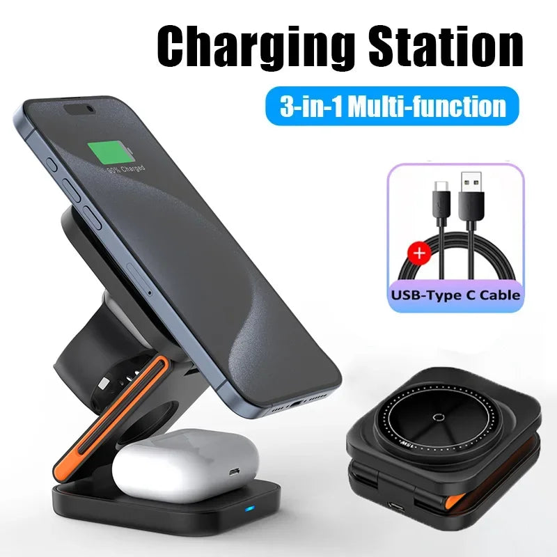 30W 3 em 1 Estação de carregamento dobrável Suporte de carregador sem fio magnético rápido para iPhone 15 14 13 12 Apple Watch 8 7 6 Airpods Pro