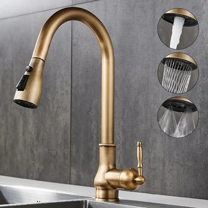 Torneira de guindaste extraível para pia de cozinha, torneira misturadora de água, quente e fria, bronze antigo, EL9021